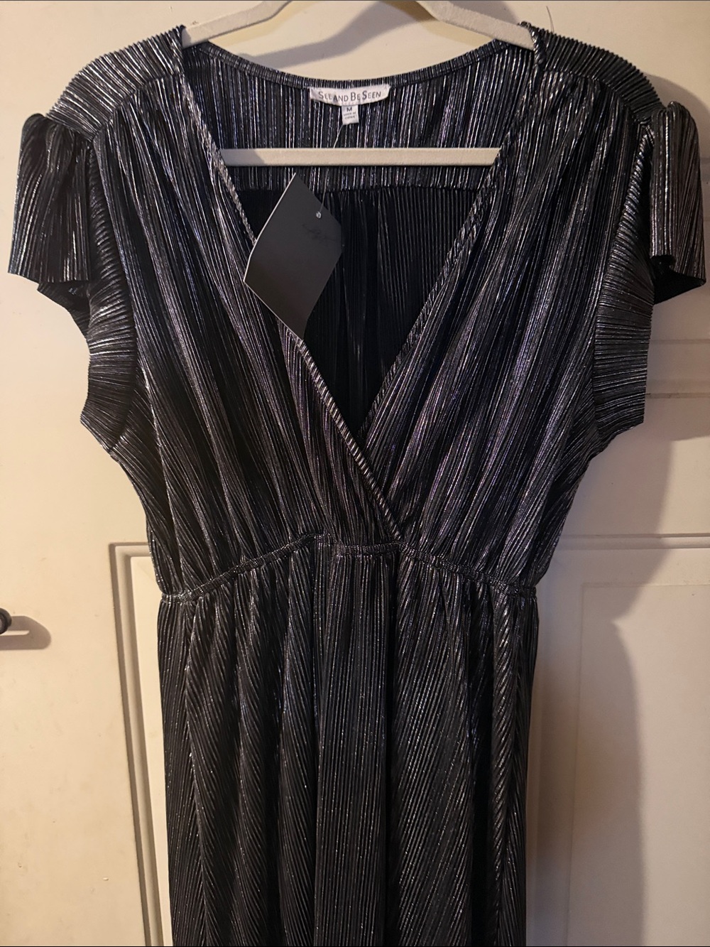 SILK AND SOIE Black Metallic Pleated V-Neck Midi Dress